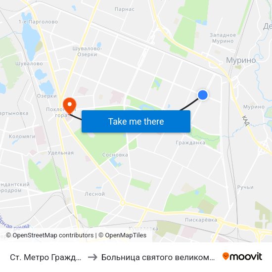 Ст. Метро Гражданский Пр. to Больница святого великомученика Георгия map