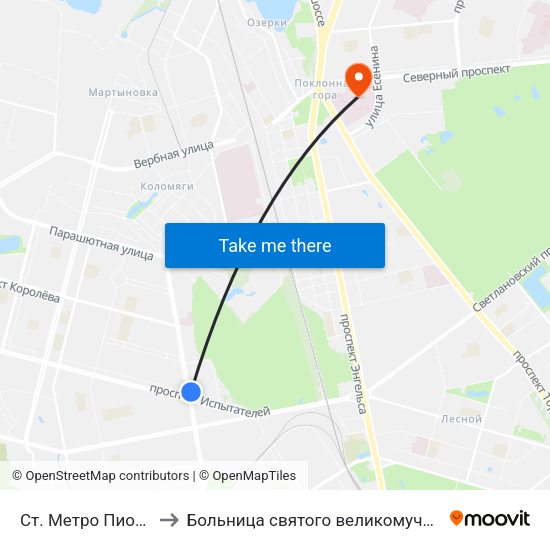 Ст. Метро Пионерская to Больница святого великомученика Георгия map