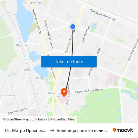 Ст. Метро Проспект Просвещения to Больница святого великомученика Георгия map
