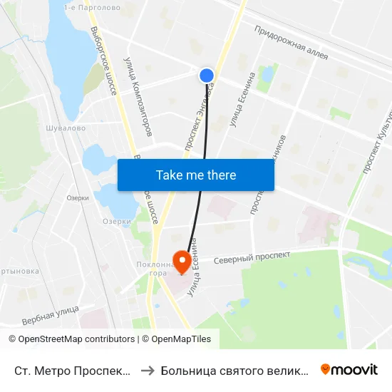 Ст. Метро Проспект Просвещения to Больница святого великомученика Георгия map