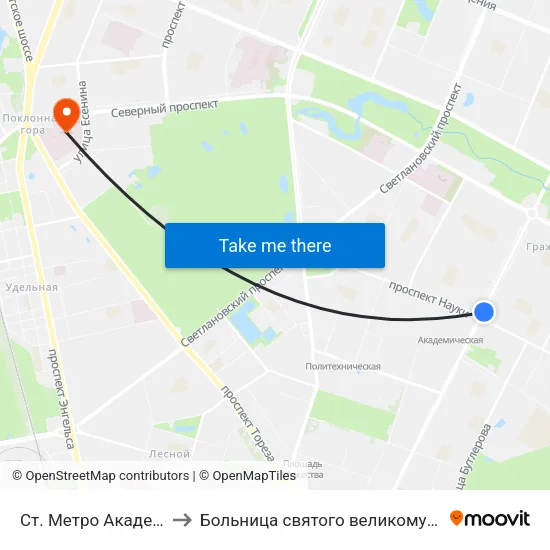 Ст. Метро Академическая to Больница святого великомученика Георгия map