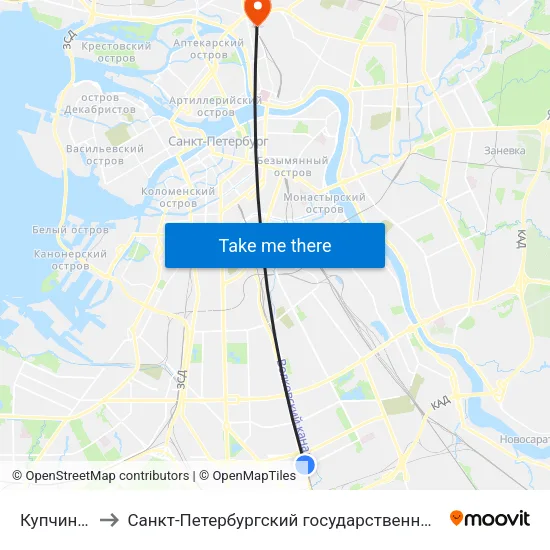 Купчино (Kupchino) to Санкт-Петербургский государственный педиатрический медицинский университет map