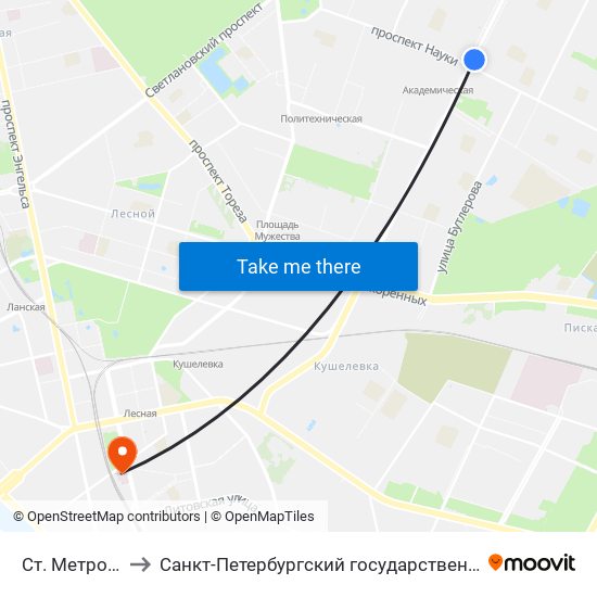 Ст. Метро Академическая to Санкт-Петербургский государственный педиатрический медицинский университет map