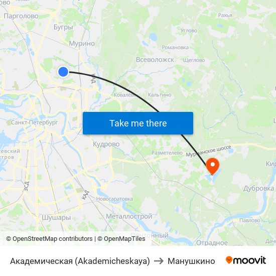 Академическая (Akademicheskaya) to Манушкино map