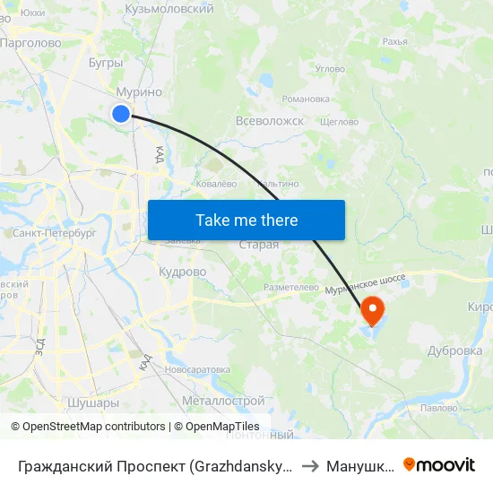 Гражданский Проспект (Grazhdansky Prospekt) to Манушкино map