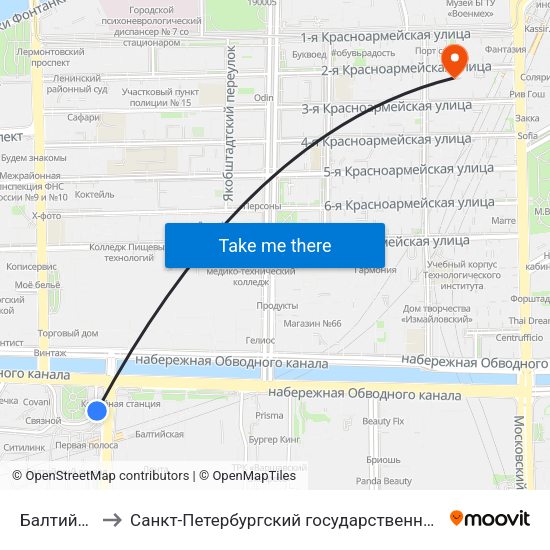 Балтийский Вокзал to Санкт-Петербургский государственный архитектурно-строительный университет map