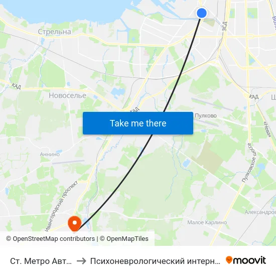 Ст. Метро Автово to Психоневрологический интернат №9 map