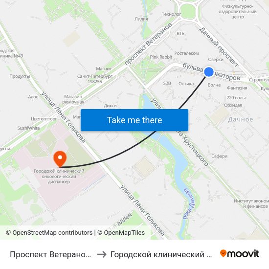Проспект Ветеранов (Prospekt Veteranov) to Городской клинический онкологический диспансер map