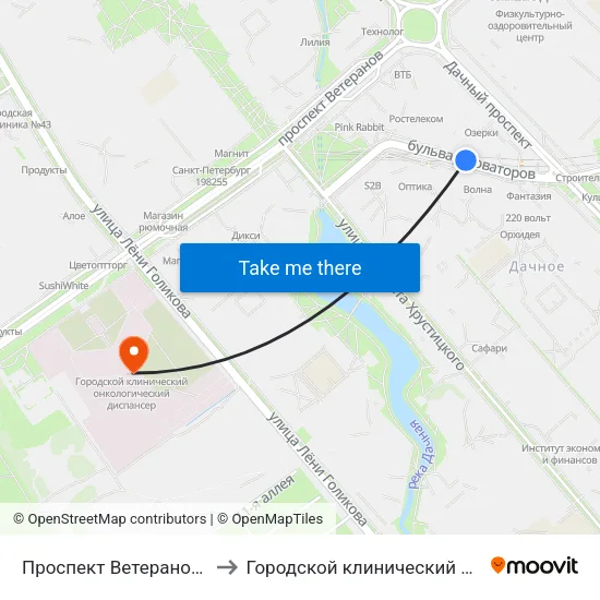 Проспект Ветеранов (Prospekt Veteranov) to Городской клинический онкологический диспансер map