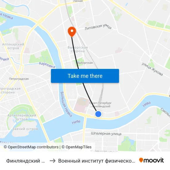 Финляндский Вокзал to Военный институт физической культуры map