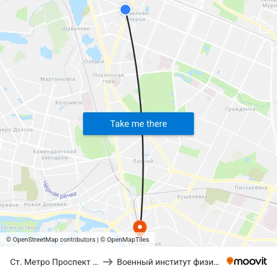 Ст. Метро Проспект Просвещения to Военный институт физической культуры map