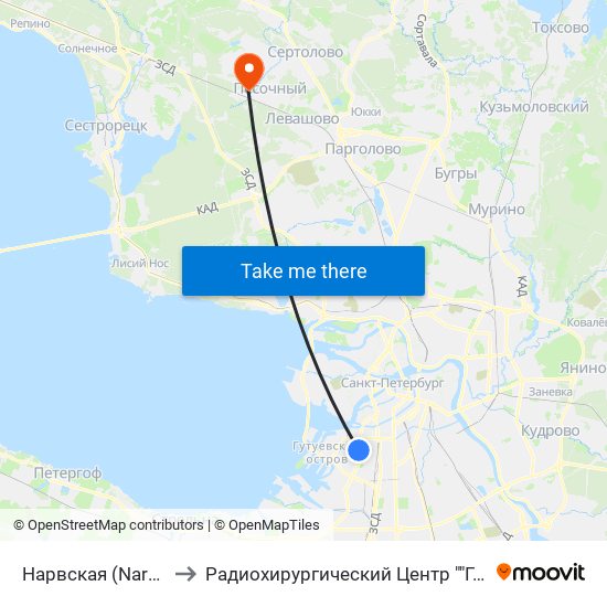 Нарвская (Narvskaya) to Радиохирургический Центр ""Гамма-Нож"" map