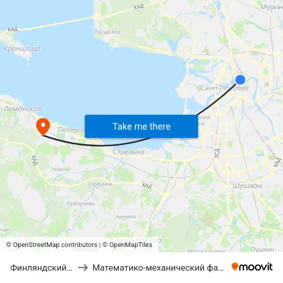 Финляндский Вокзал to Математико-механический факультет СПбГУ map