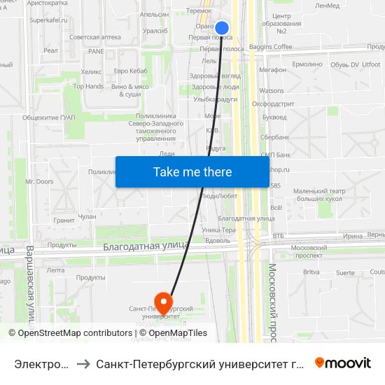 Электросила (Elektrosila) to Санкт-Петербургский университет государственной противопожарной службы МЧС России map