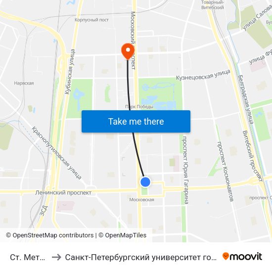 Ст. Метро Московская to Санкт-Петербургский университет государственной противопожарной службы МЧС России map