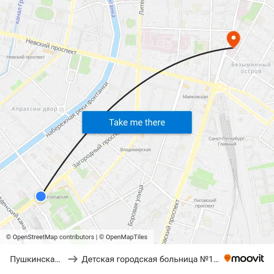 Пушкинская (Pushkinskaya) to Детская городская больница №19 имени Карла Андреевича Раухфуса map