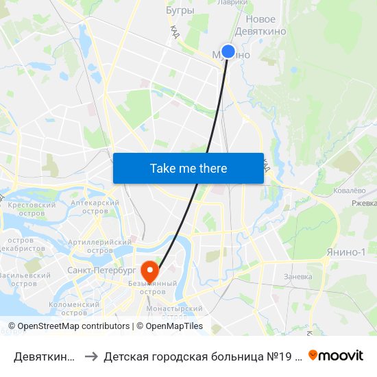 Девяткино (Devyatkino) to Детская городская больница №19 имени Карла Андреевича Раухфуса map