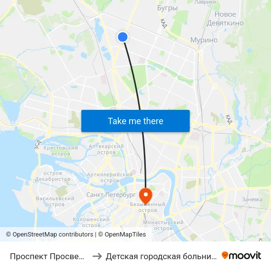 Проспект Просвещения (Prospekt Prosveschenya) to Детская городская больница №19 имени Карла Андреевича Раухфуса map