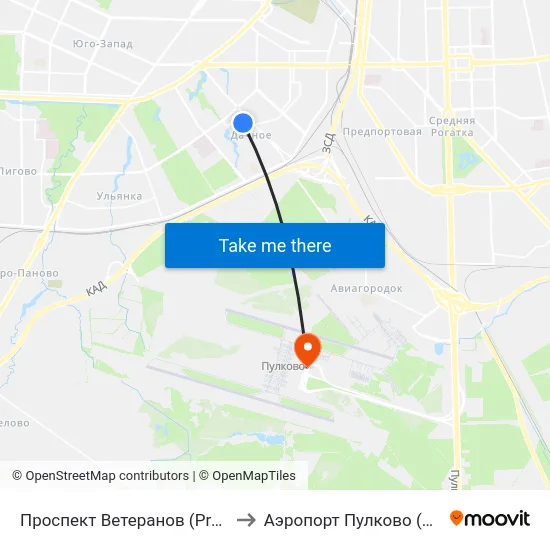 Проспект Ветеранов (Prospekt Veteranov) to Аэропорт Пулково (Pulkovo Airport) map