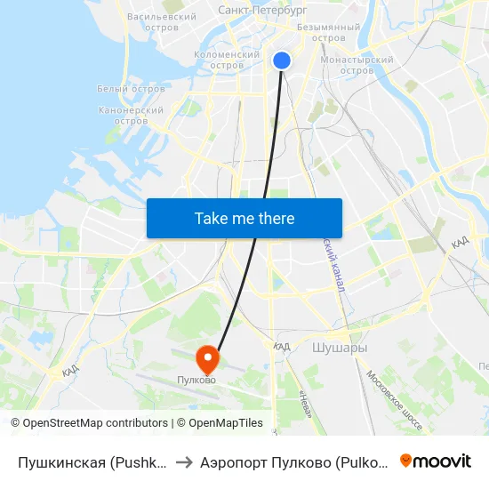 Пушкинская (Pushkinskaya) to Аэропорт Пулково (Pulkovo Airport) map