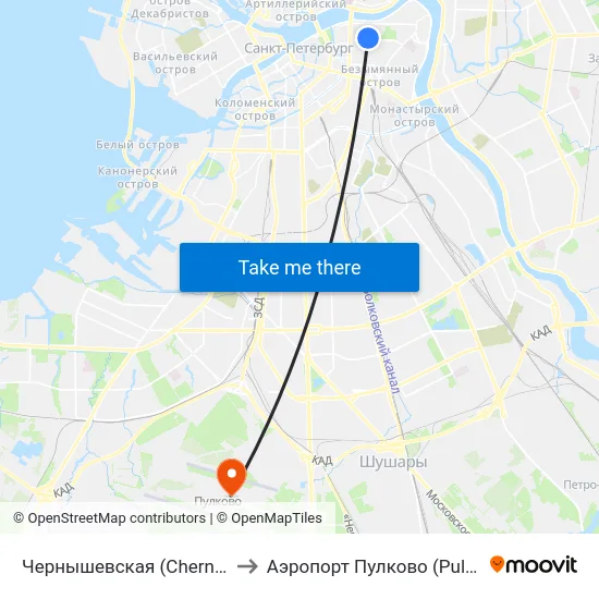 Чернышевская (Chernyshevskaya) to Аэропорт Пулково (Pulkovo Airport) map