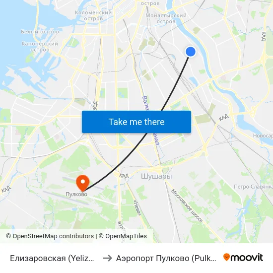 Елизаровская (Yelizarovskaya) to Аэропорт Пулково (Pulkovo Airport) map