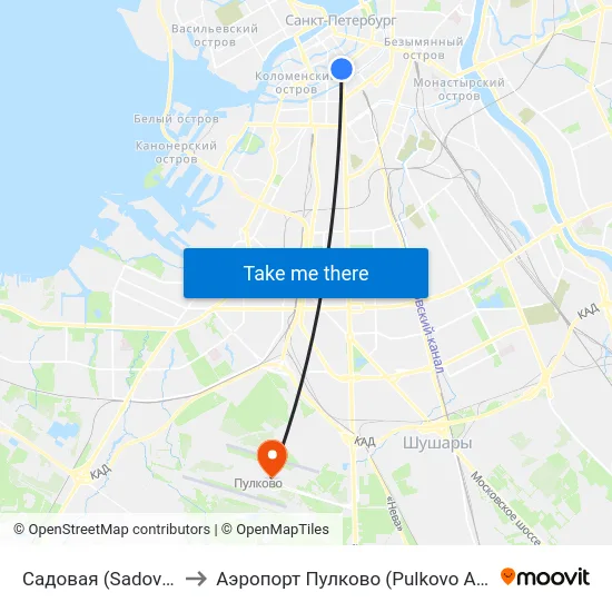 Садовая (Sadovaya) to Аэропорт Пулково (Pulkovo Airport) map