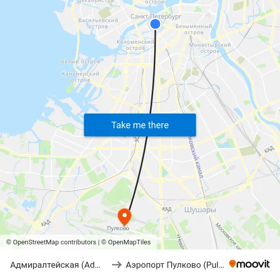 Адмиралтейская (Admiralteyskaya) to Аэропорт Пулково (Pulkovo Airport) map