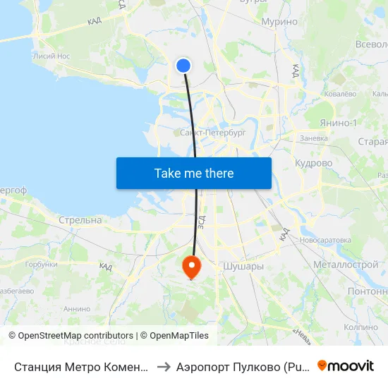 Станция Метро Комендантский Пр. to Аэропорт Пулково (Pulkovo Airport) map