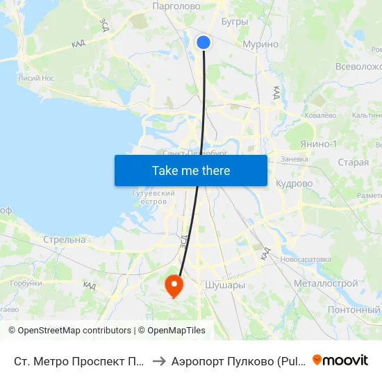 Ст. Метро Проспект Просвещения to Аэропорт Пулково (Pulkovo Airport) map