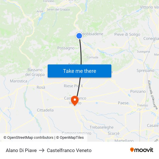 Alano Di Piave to Castelfranco Veneto map