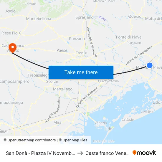 San Donà - Piazza IV Novembre to Castelfranco Veneto map