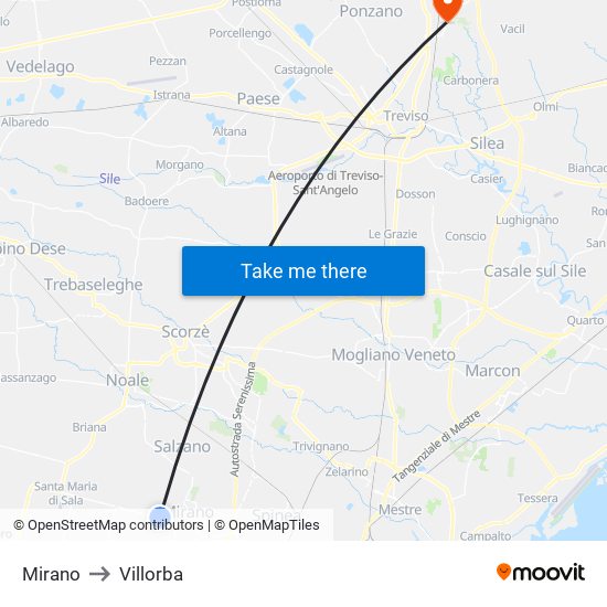 Mirano to Villorba map