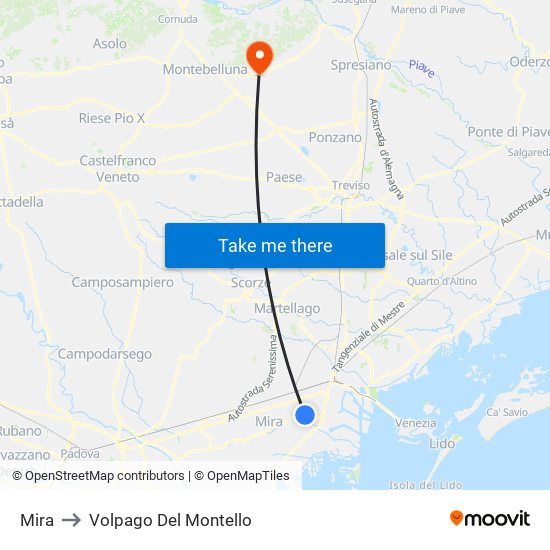 Mira to Volpago Del Montello map