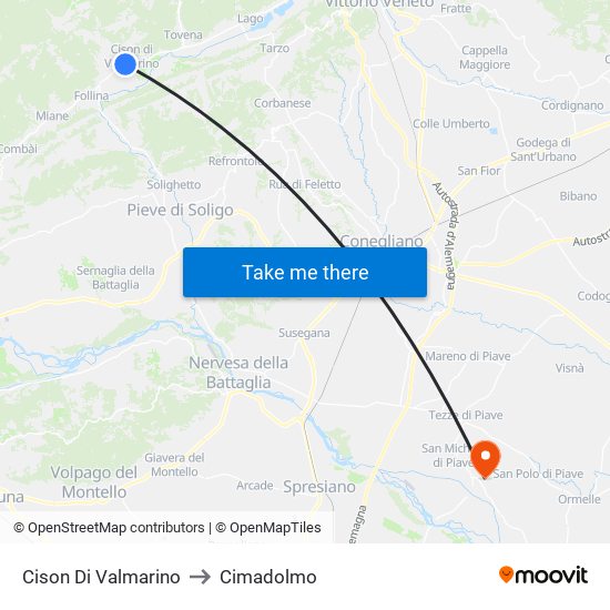 Cison Di Valmarino to Cimadolmo map