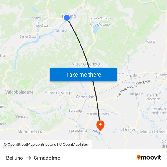 Belluno to Cimadolmo map