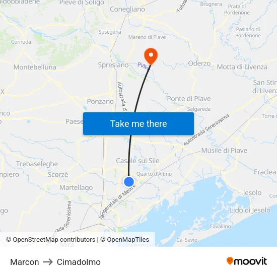 Marcon to Cimadolmo map