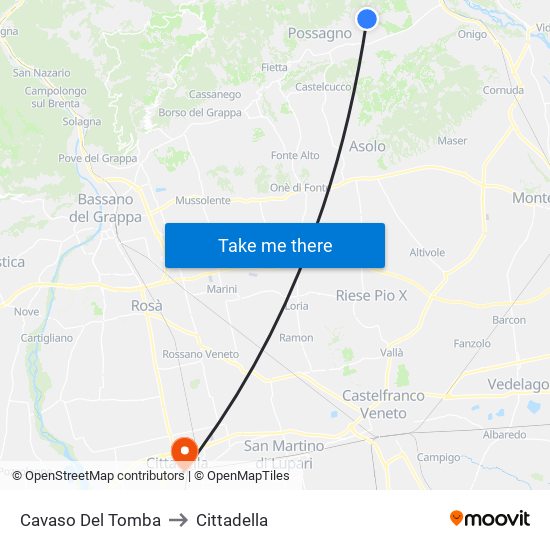 Cavaso Del Tomba to Cittadella map