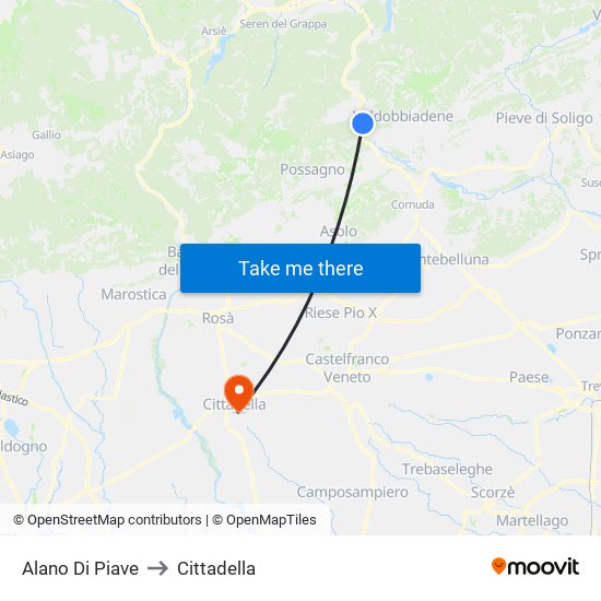 Alano Di Piave to Cittadella map