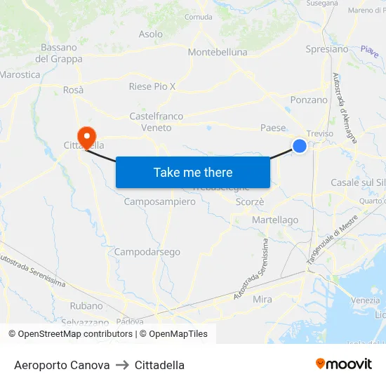 Canova Airport to Cittadella map
