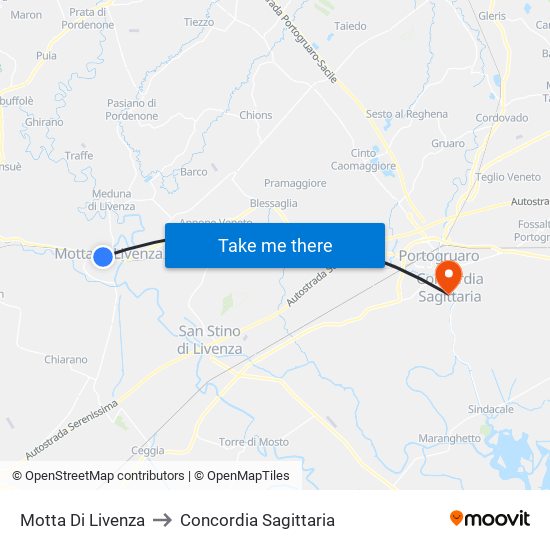 Motta Di Livenza to Concordia Sagittaria map