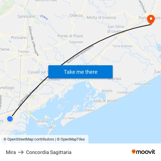 Mira to Concordia Sagittaria map