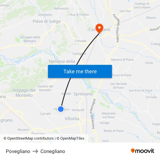 Povegliano to Conegliano map