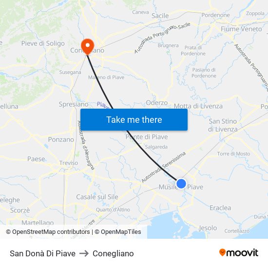 San Donà Di Piave to Conegliano map