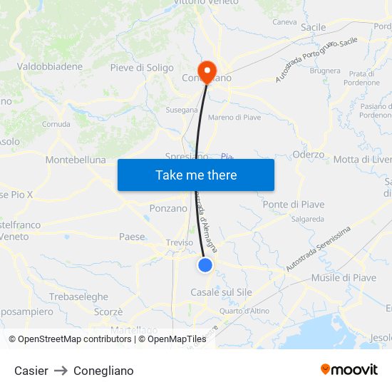 Casier to Conegliano map