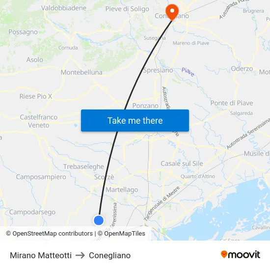 Mirano Matteotti to Conegliano map