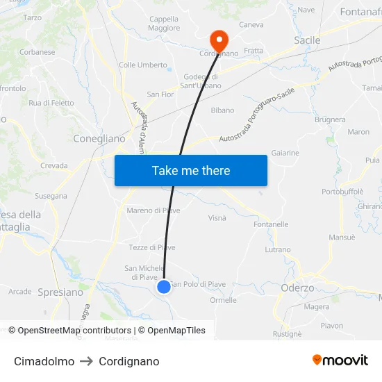 Cimadolmo to Cordignano map