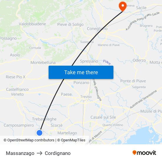 Massanzago to Cordignano map