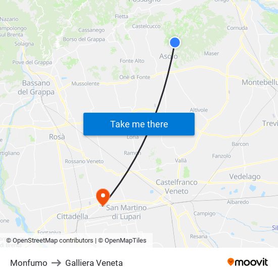Monfumo to Galliera Veneta map