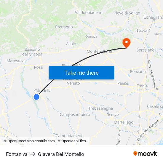 Fontaniva to Giavera Del Montello map